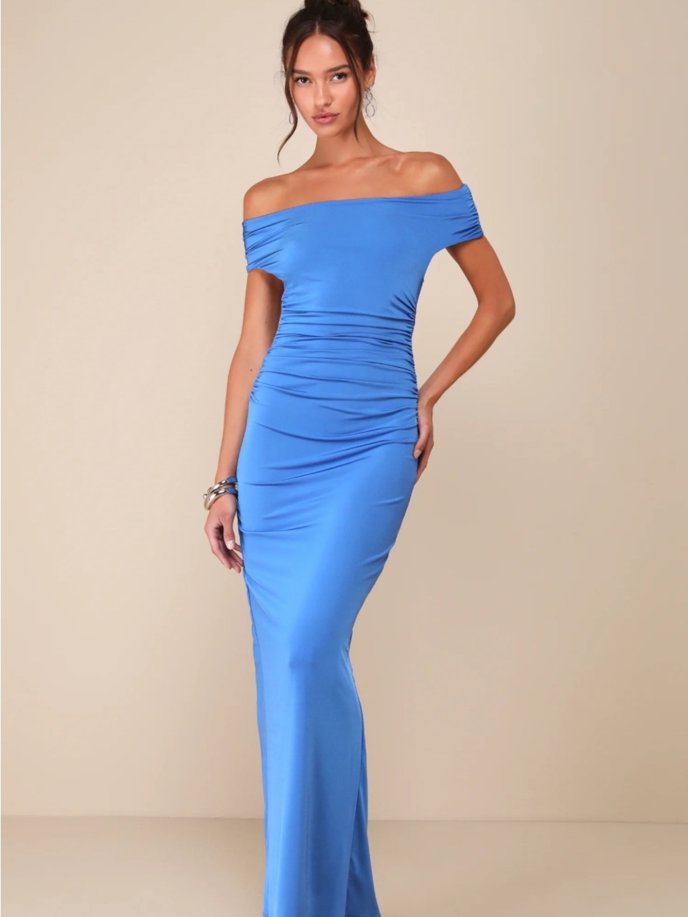 New Lulus Brilliant Elegance Fitted Off-Shoulder Blue Evening Gown Sz Large